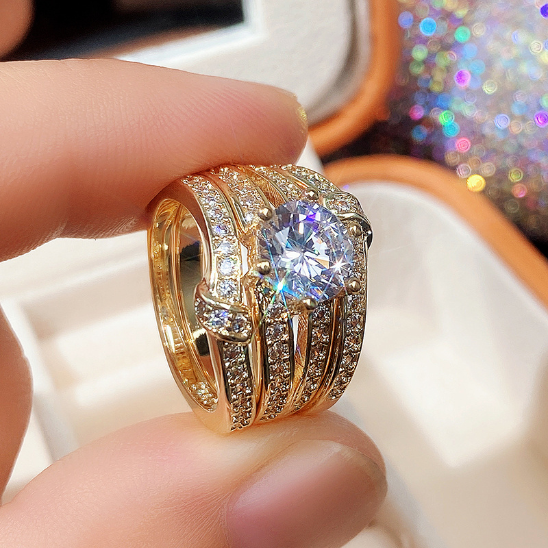 Image of 3pcs Ring Set Couple Round Synthetic Zirconia Set Ring European And Luxury Engagement Wedding Jewelry For Women