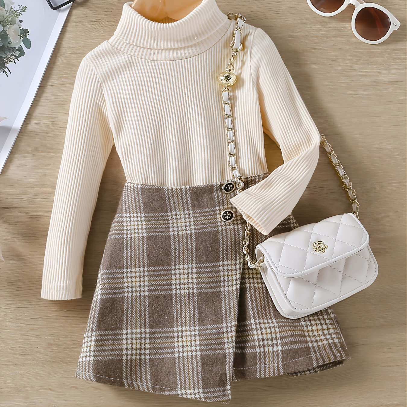 Autumn Winter Girls Long-sleeved High Neck Top+plaid Skirt 2pcs Set ...