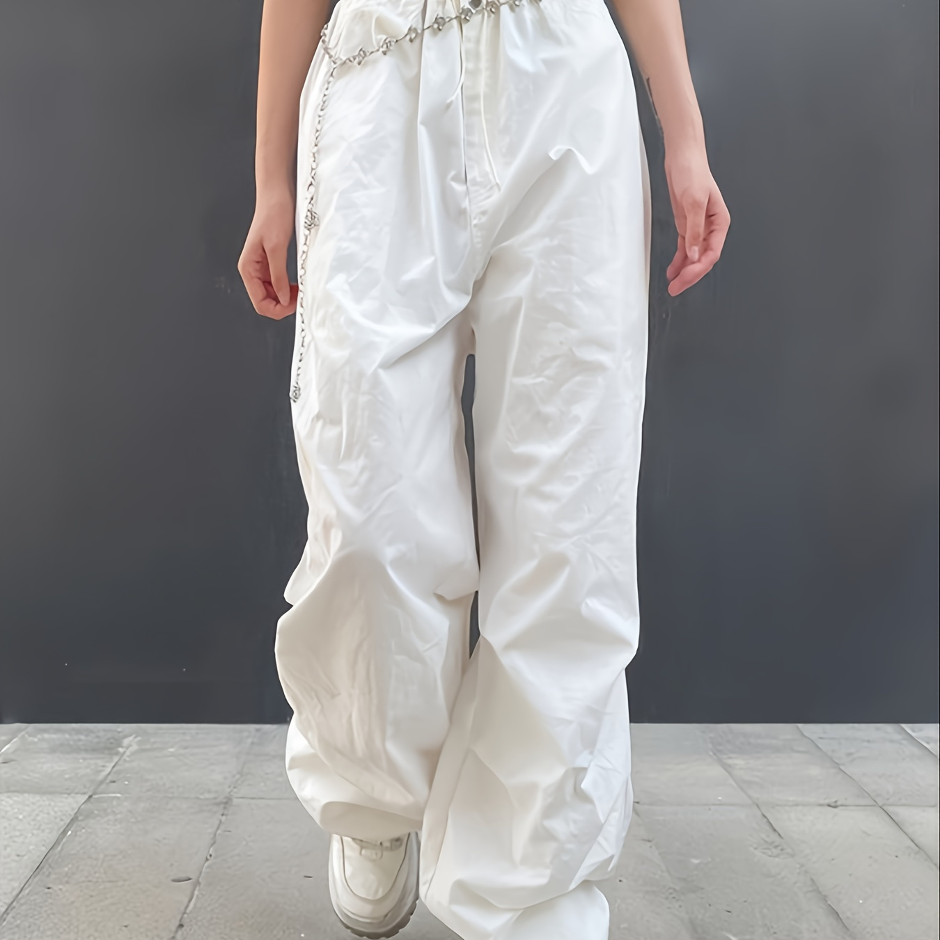 Drawstring Ruched Wide Leg Cargo Pants, Casual Streetwear Pocket Pants,  Women's Clothing