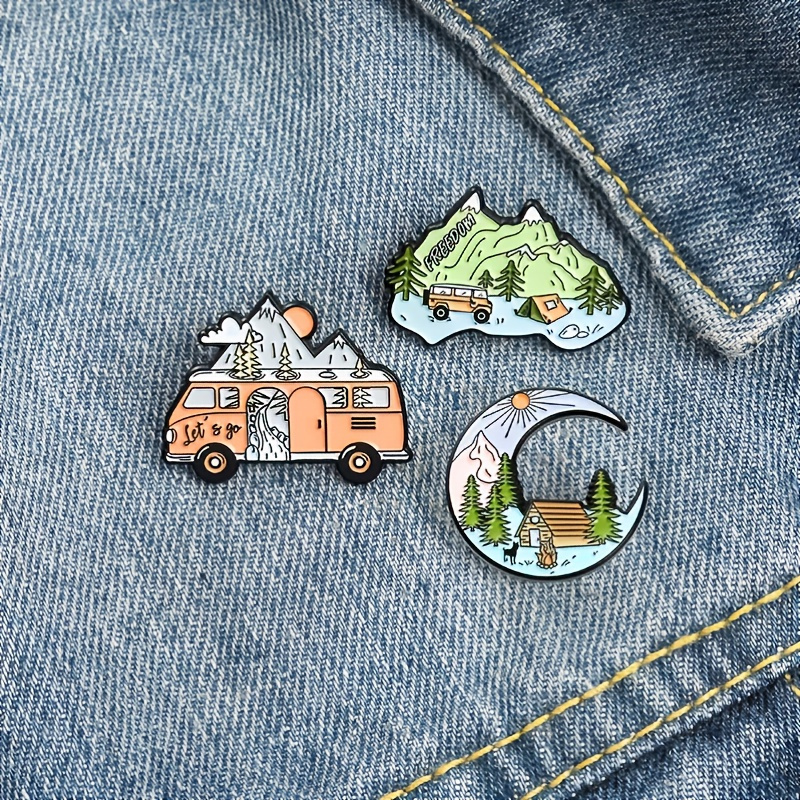 

Go Camping Enamel Anime Pins Custom Mountain Moon Tent Motorhome Brooches Shirt Lapel Badge Bag Outdoors Jewelry Gift