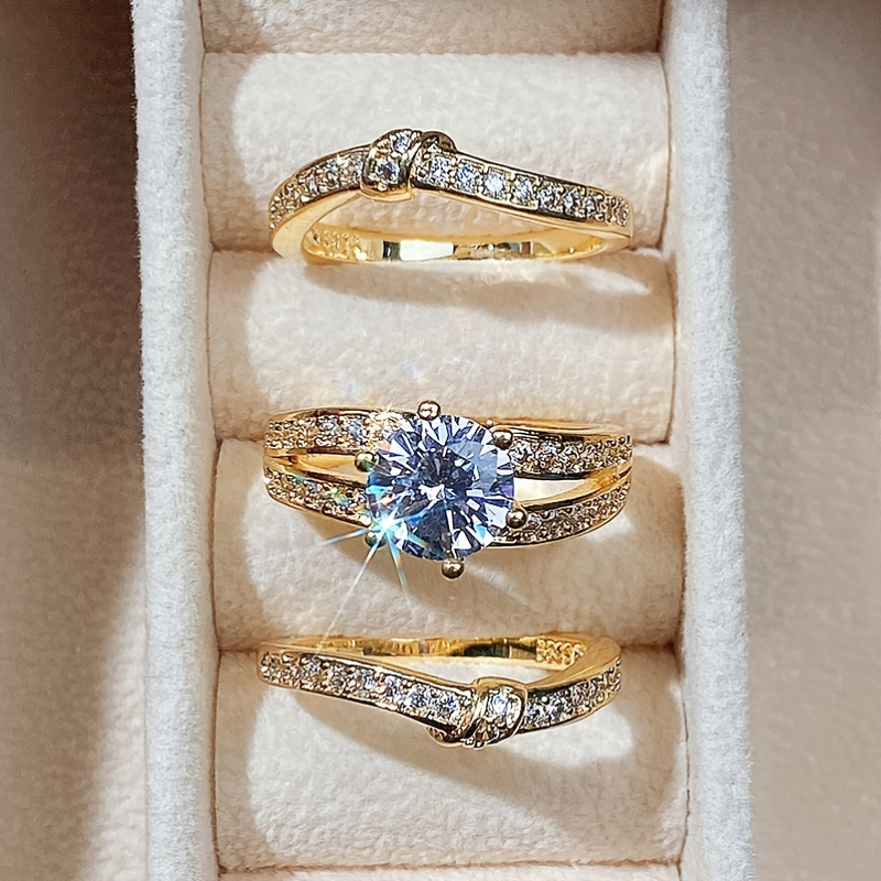 

Plated Round Zircon Set Ring Fashion Luxury Engagement Wedding Jewelry For Women Ring Set 3pcs