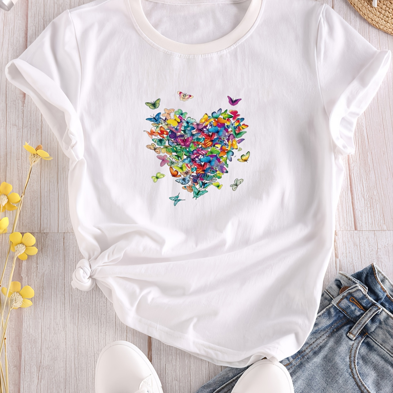 

Casual Heart Print T-shirt, Crew Neck Loose Short Sleeve Fashion Tops, Women's Clothing