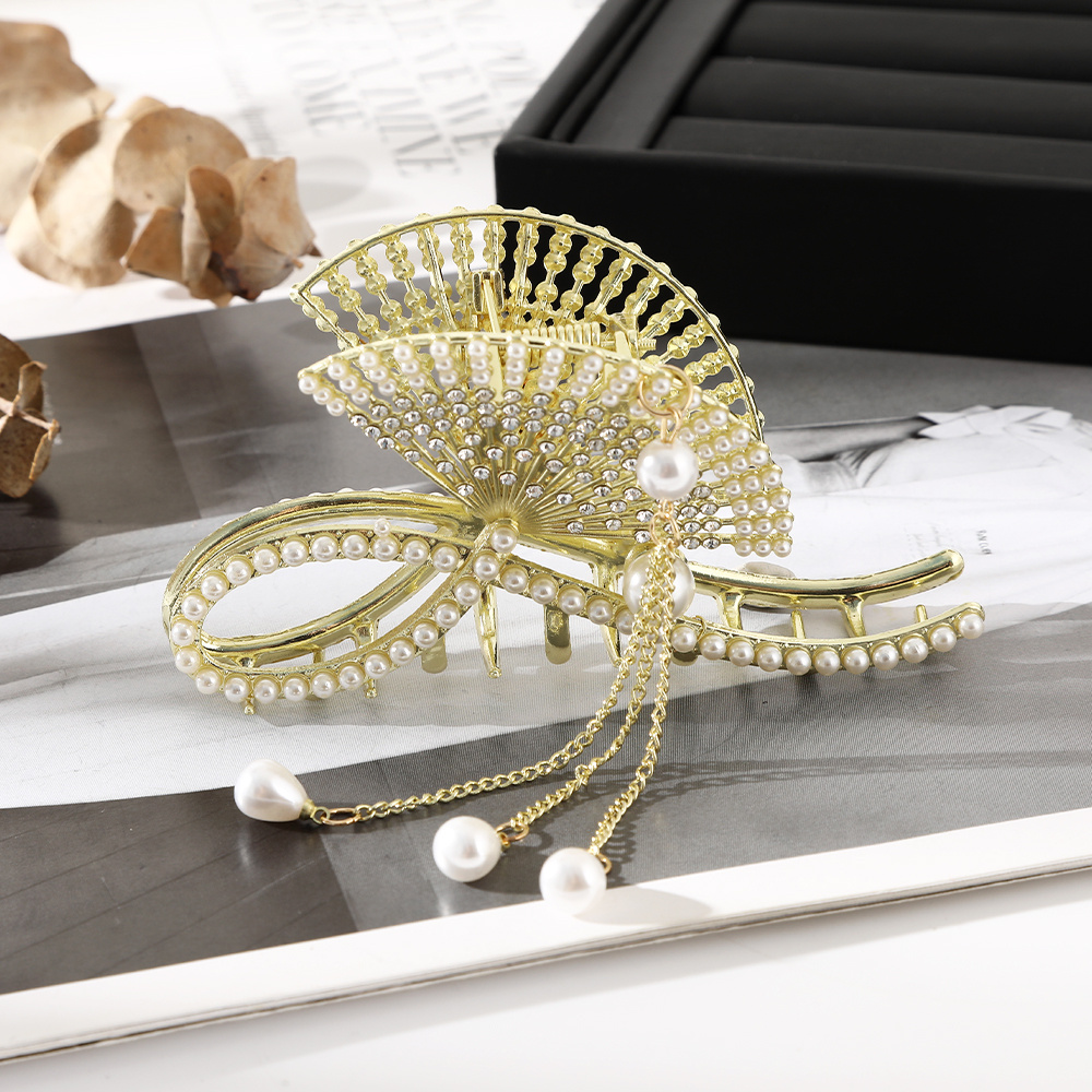 Fan Rhinestone Pearl Tassel Hair Grabber Metal Hair Claw Clips, Nonslip