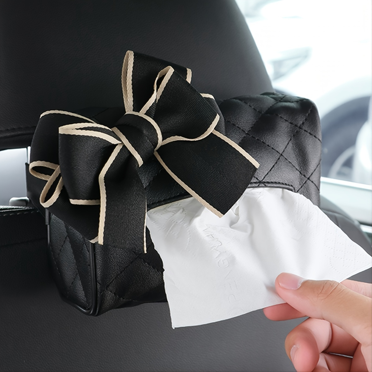 

Pu Leather Car Storage Tissue Bag Black Striped Bow Decoration Car Storage Interior Accessories