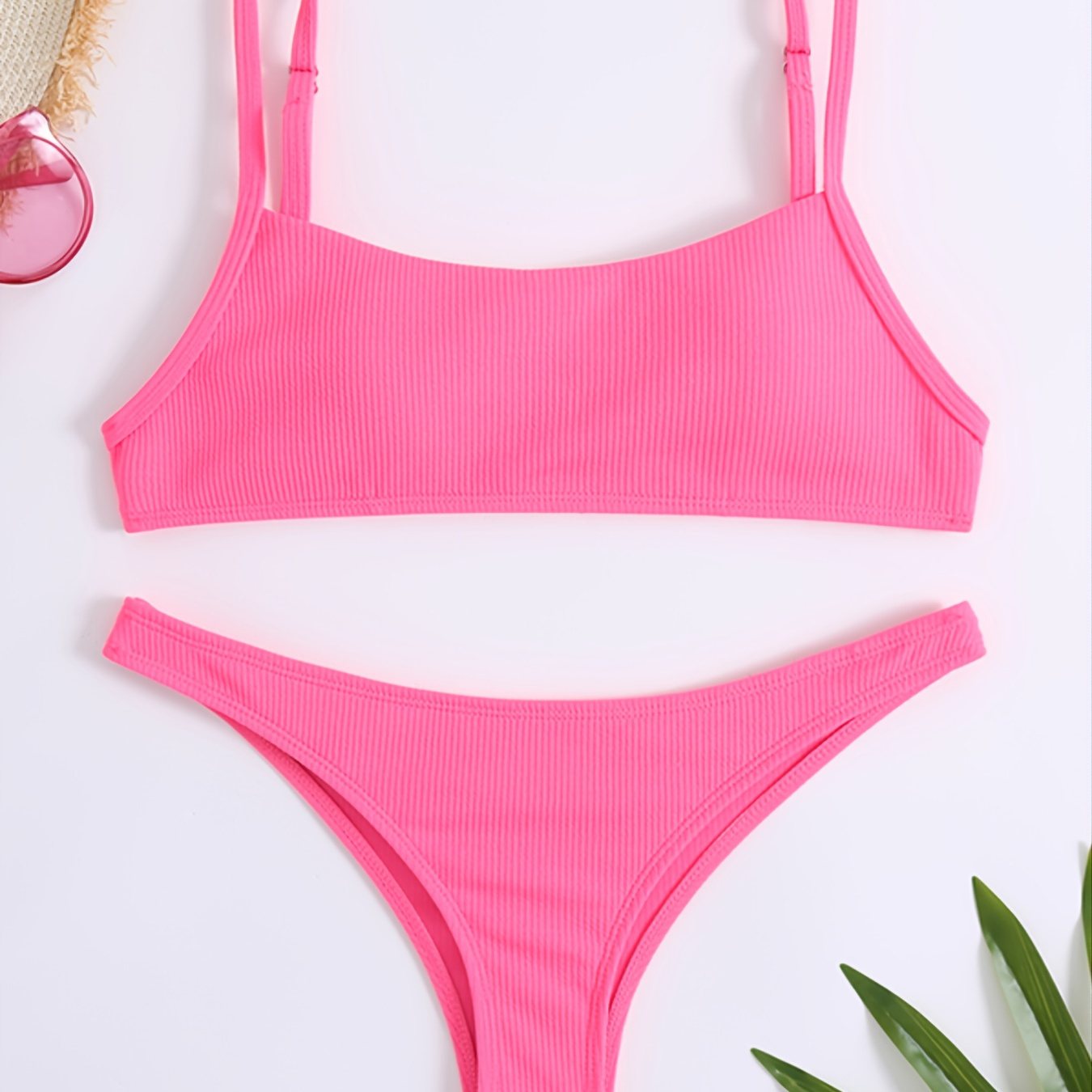 Neon Color Rib Knit Texture Super High Cut Thong Two Piece Bikini Sets ...