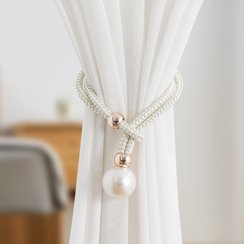 Magnetic Curtain Tiebacks, Decorative Pearl Style Curtain Holdbacks Clips  Elegant Window Draperies Rope Ties, Fit All Curtains (2, White)
