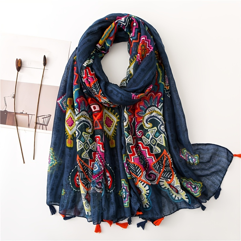 

Vintage Geometric Pattern Scarf Thin Breathable Tassel Shawl Autumn Winter Warm Decorative Neck Scarf