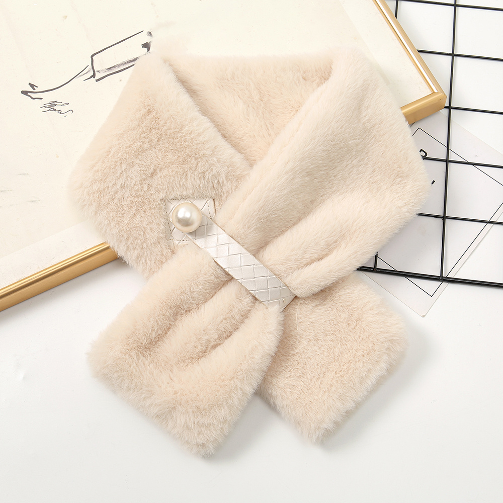 Thicken Winter Warm Faux Rabbit Fur Plush Shawl Cross Scarf Neckerchief  Wrap Solid Color Neck Warmer WHITE RABBIT 