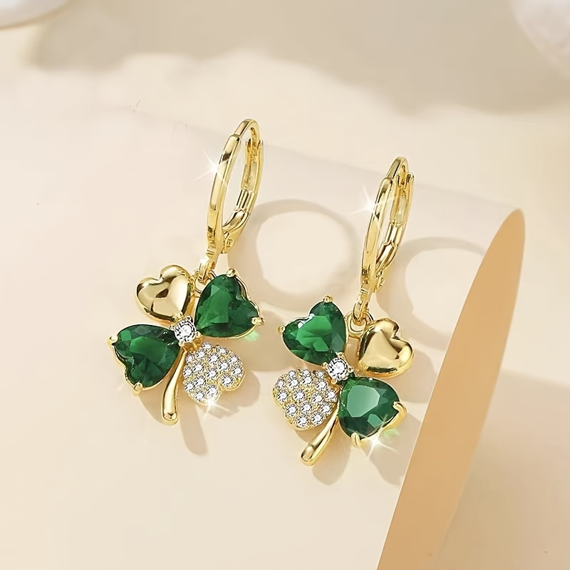 

St Patrick's Day Green Gems 4 Leaf Clover Drop Earrings 18k Gold Plated Good Luck Ornament For Women Girls Gift 1pair