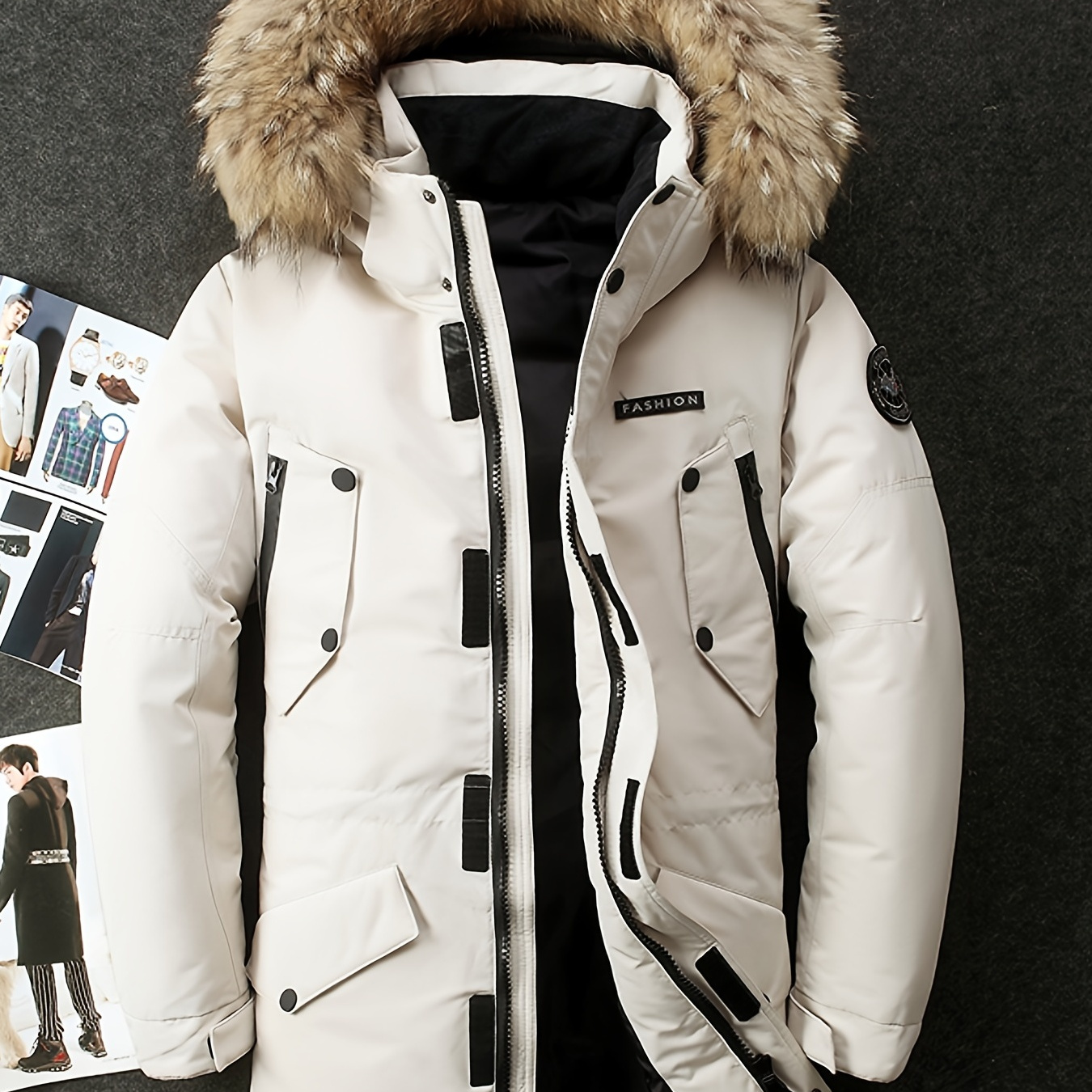 Men's Thick Fur Collar Thermal Down Jacket, Mid-Length Zip Hooded Down Jacket