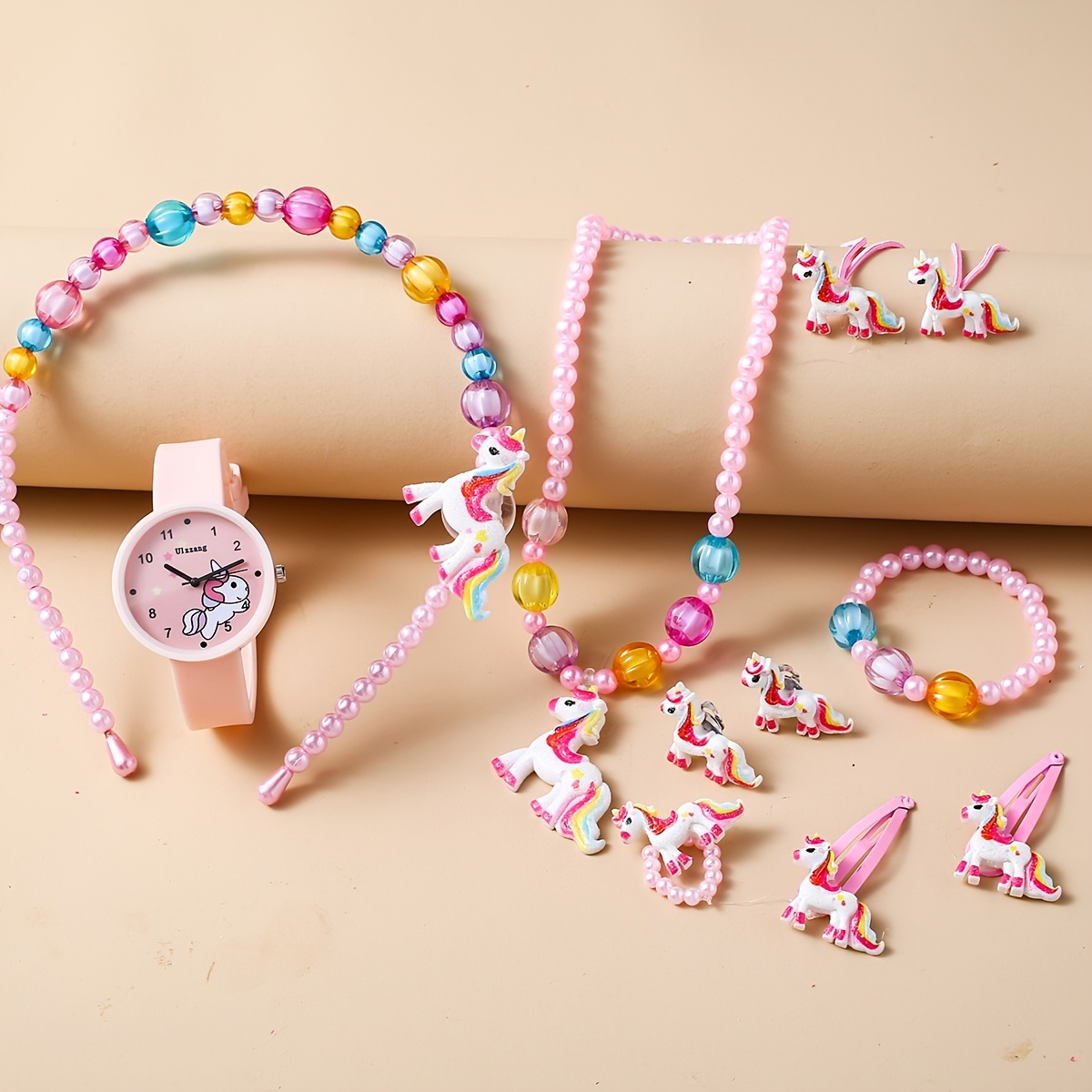 Cartoon Unicorn Watch Necklace Hair Clips Bracelet Set Children's Birthday New Year Christmas Gift