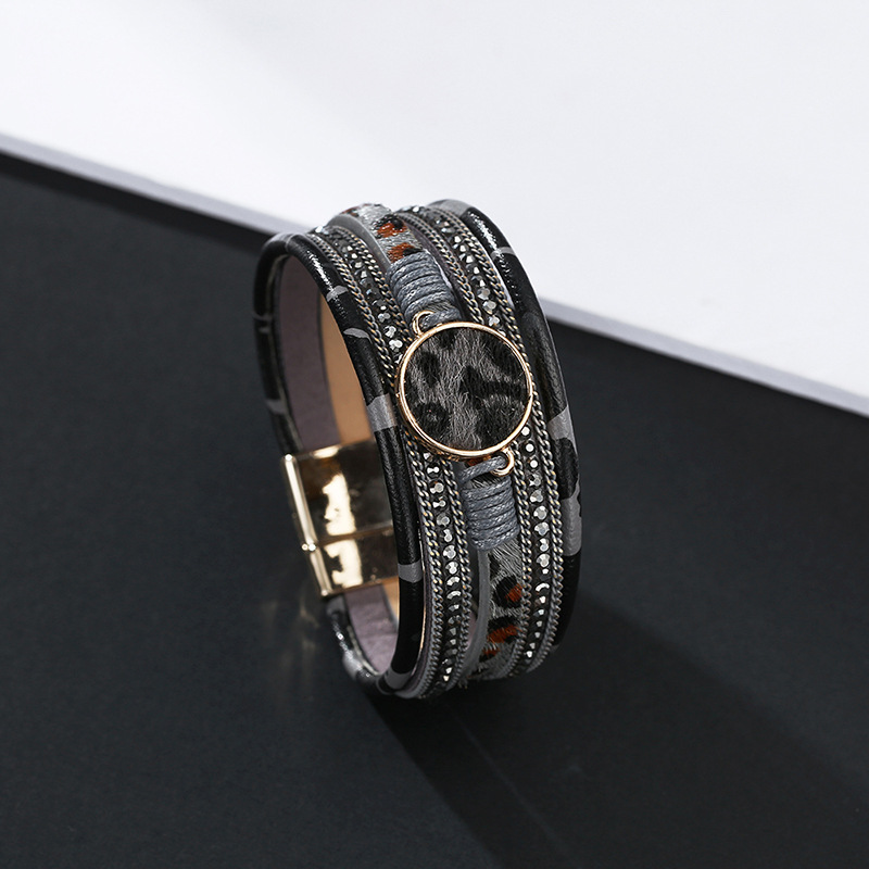 Multilayer Braided Leopard Print Magnetic Button Leather Bracelet