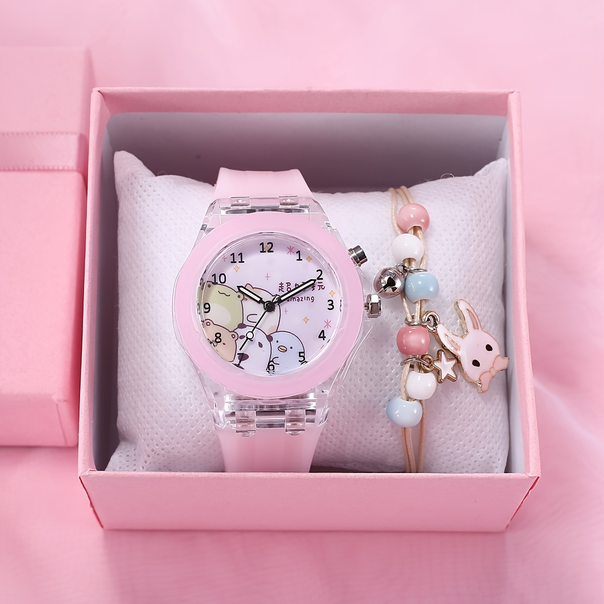 Girls Cartoon Quartz Watch & Rabbit Pendant Bracelet Children's Gift