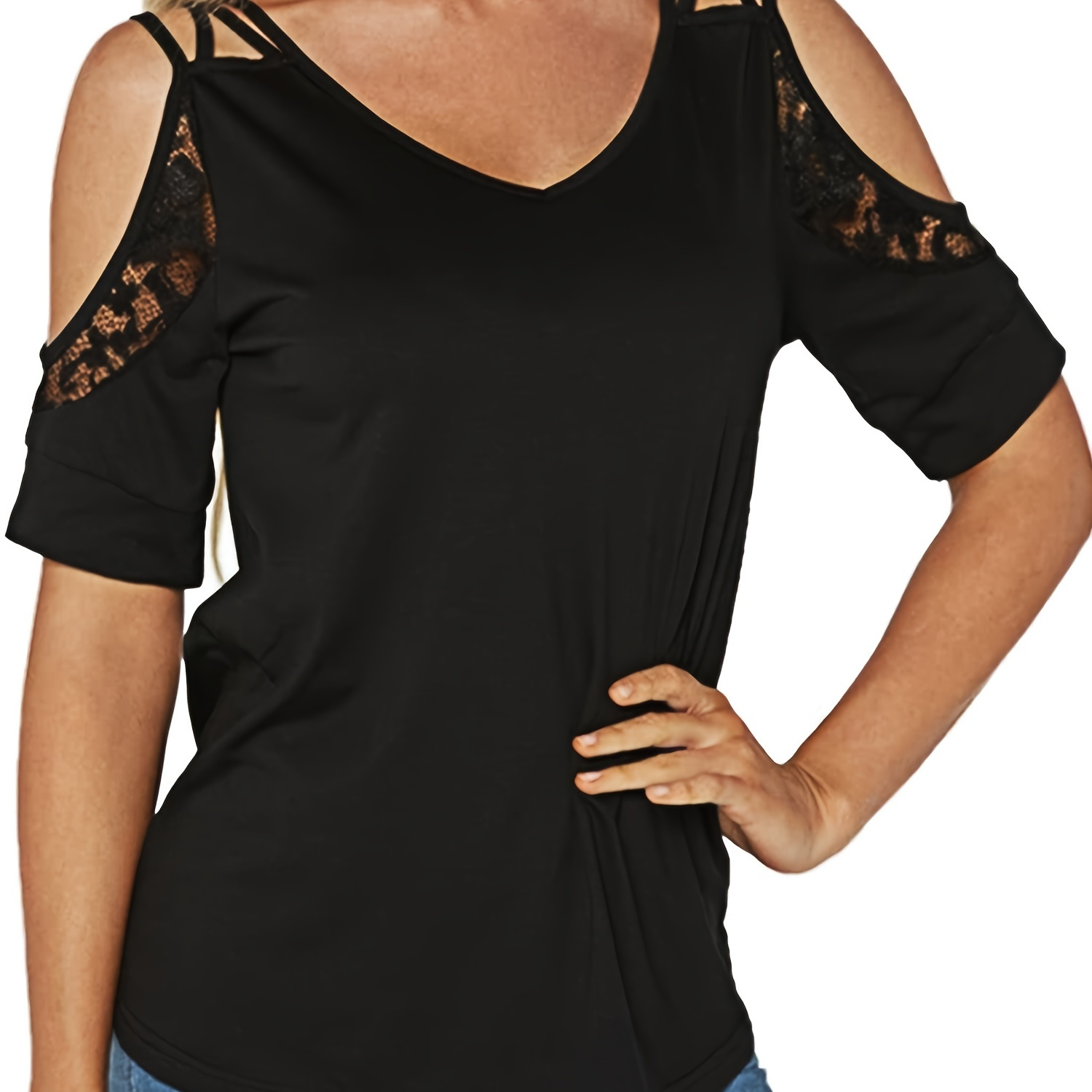 Solid Strapless Cold Shoulder T Shirt Womens Lace Sexy V Neck Casual