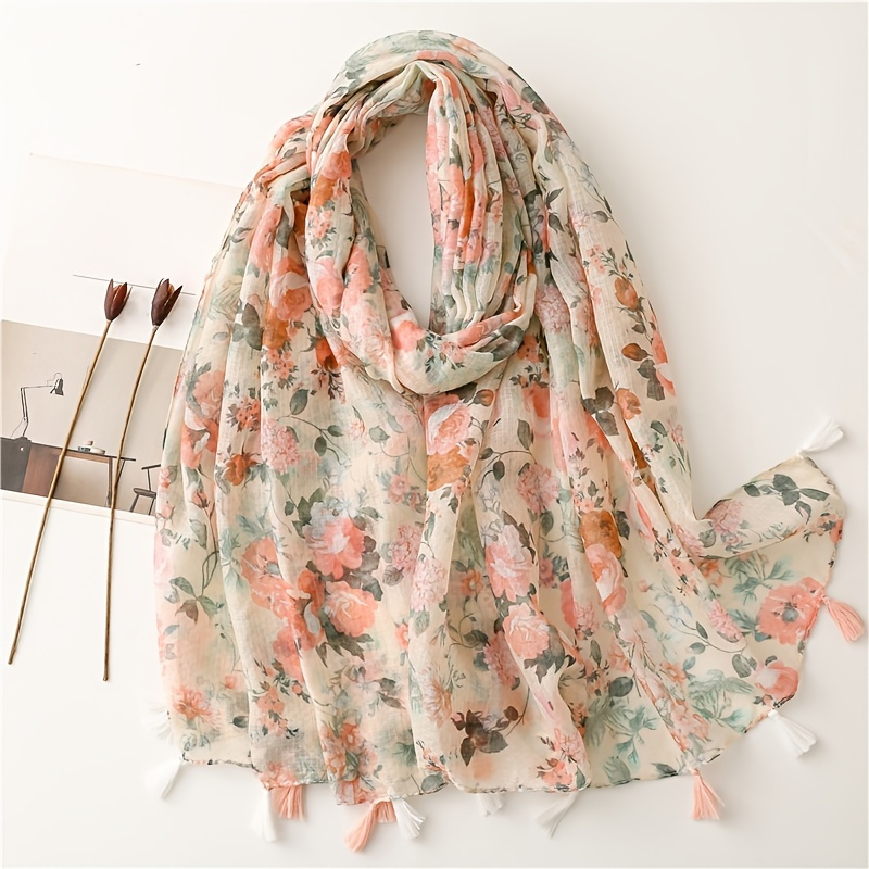 

Beautiful Floral Print Scarves Women's Fashion Autumn/winter Linen Pink Printed Fringe Scarf
