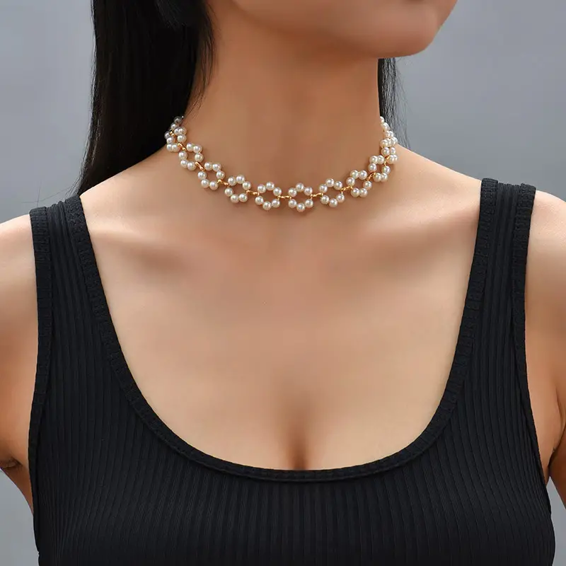 Flower Shape Braid Necklace Faux Pearls Short Choker Necklace Minimalist Creative Neck Jewelry, Jewels for Women,Temu