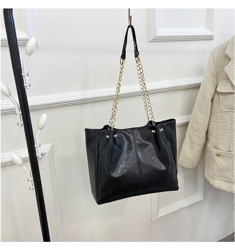 Black Faux Leather Tote Bag with Chain Strap