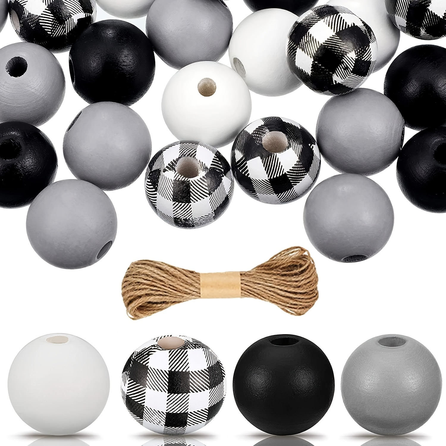 200pc Wooden Beads For Crafts, 16mm Polished And Plaid Wood Round Beads Kit With Hemp Rope For Fall Garland Christmas