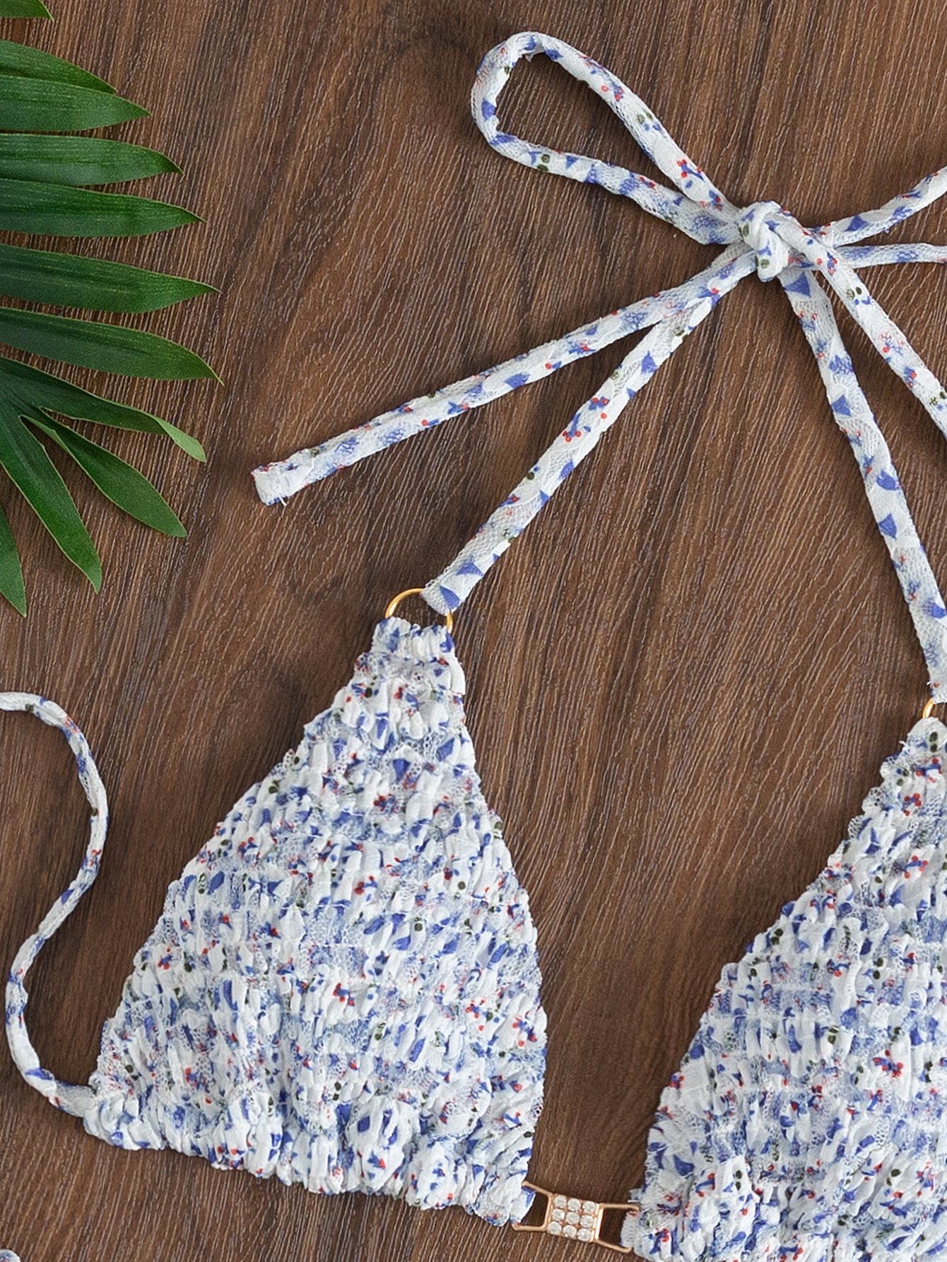 Smocked Fabrics Ringlinked Triangle Halter Neck Bra Top, Tie Side High