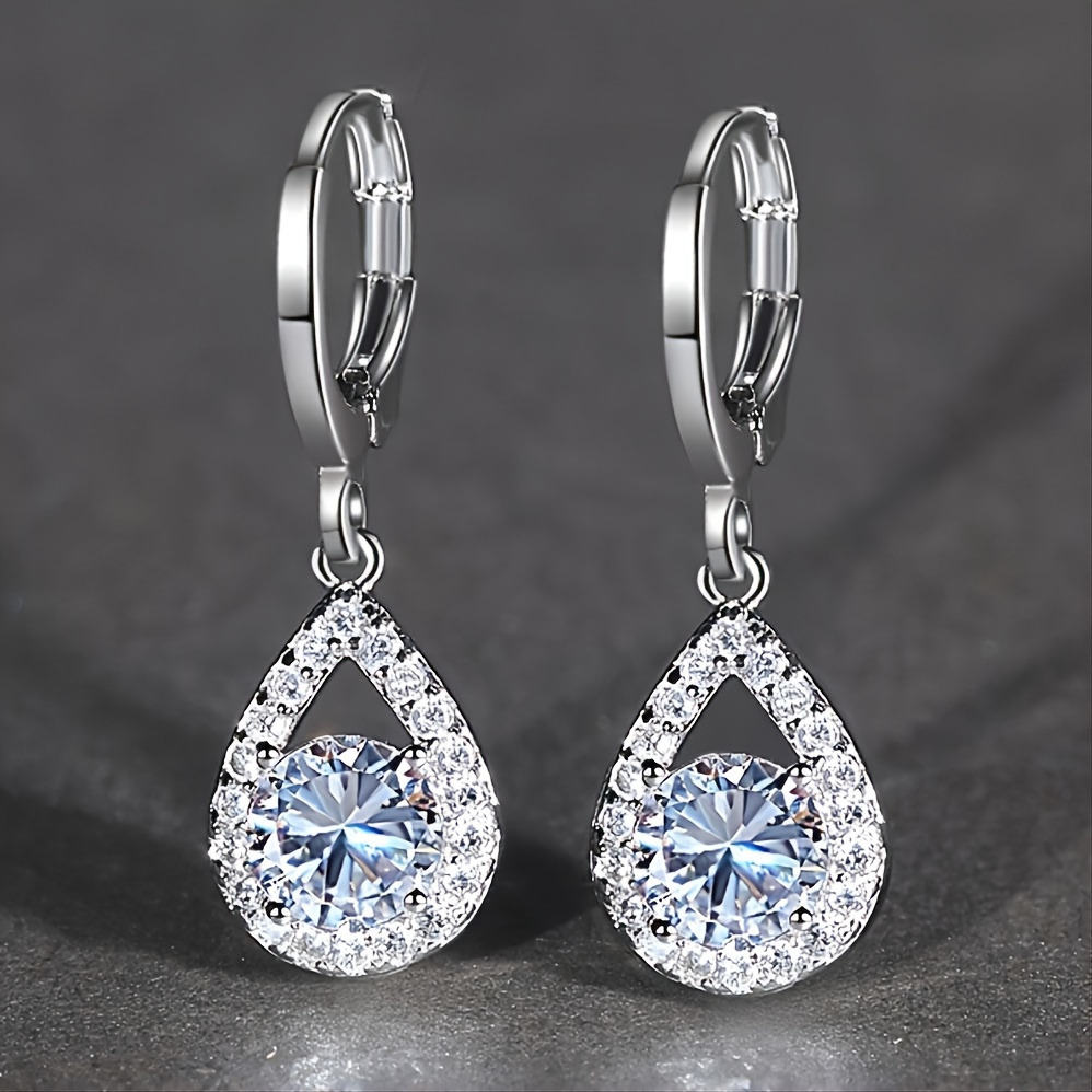 

Round White Sapphire Drop Earrings For Female White Golden Dangle Hoop Earrings Bride Wedding Jewelry Gifts