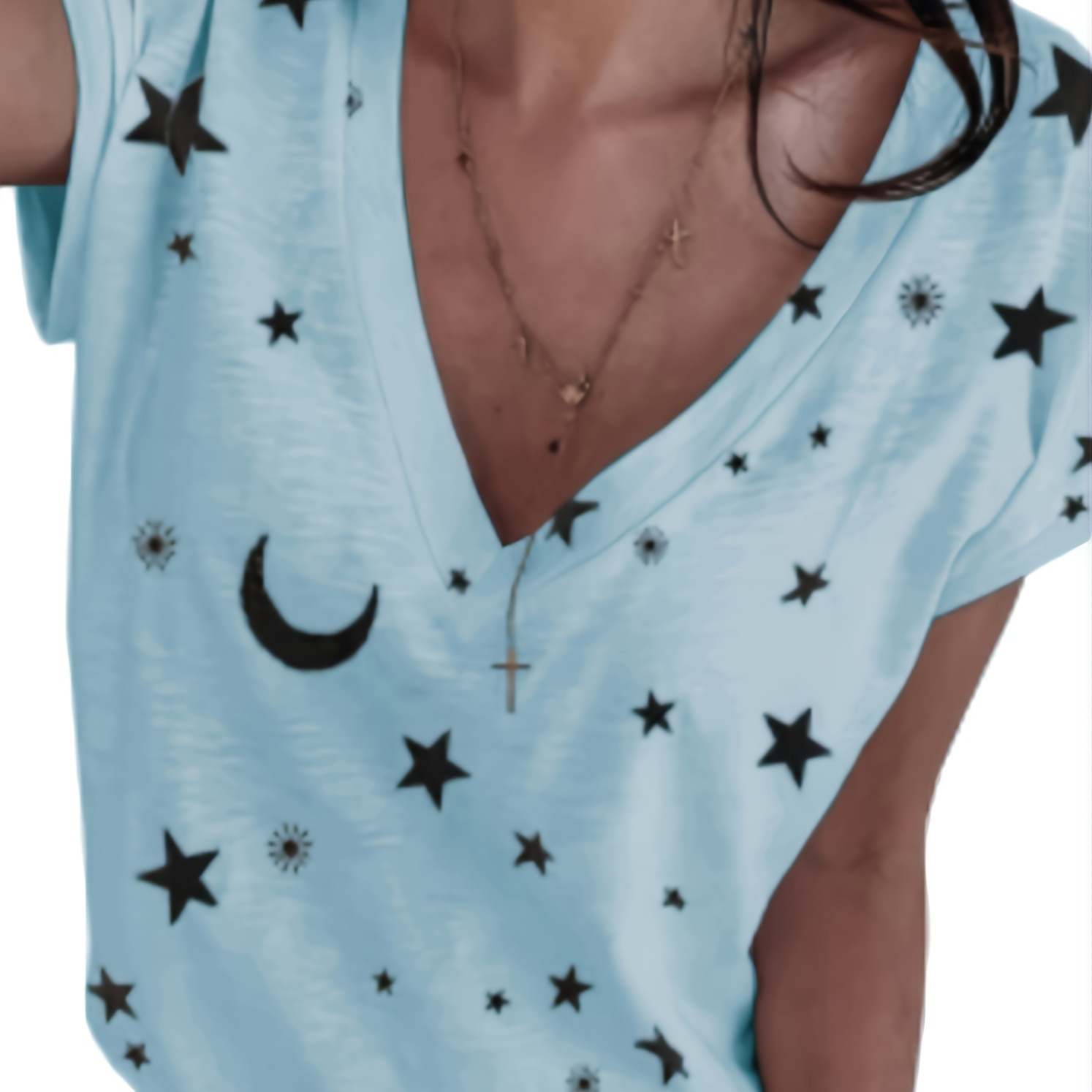 

Women's T-shirt Allover Moon & Star Print V-neck Short Sleeve T-shirts