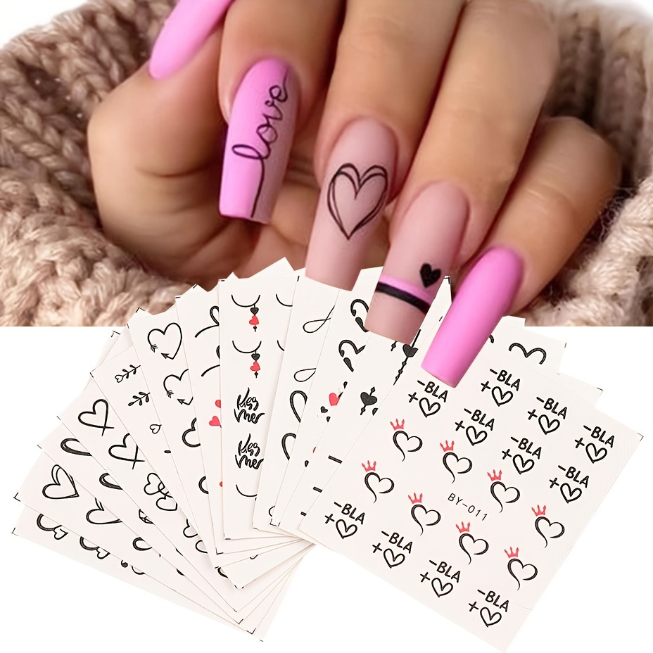 

12 Pcs Love Heart Nail Water Stickers Decals Set Graffiti Valentine's Day Water Transfer Slider Polish Nail Wraps Tips Manicure Decorations Set