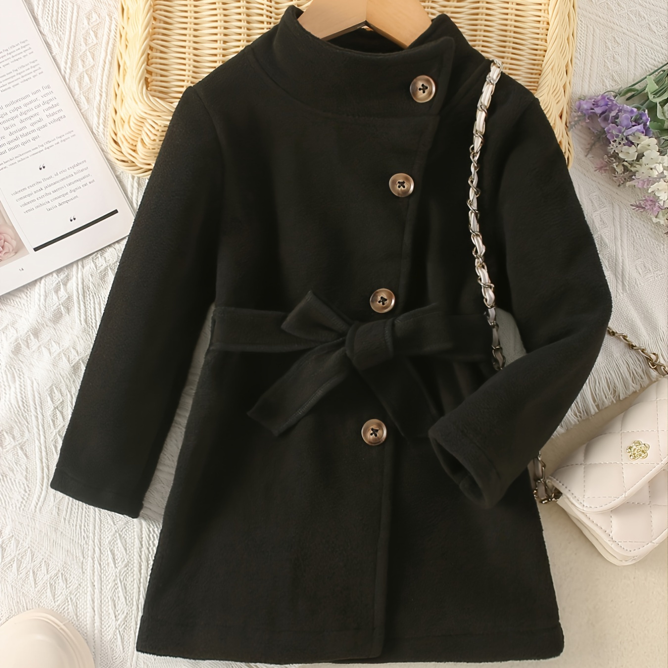 Baby Girls Solid Color Jacket Stand Collar Bow Belt Long Sleeve Button ...