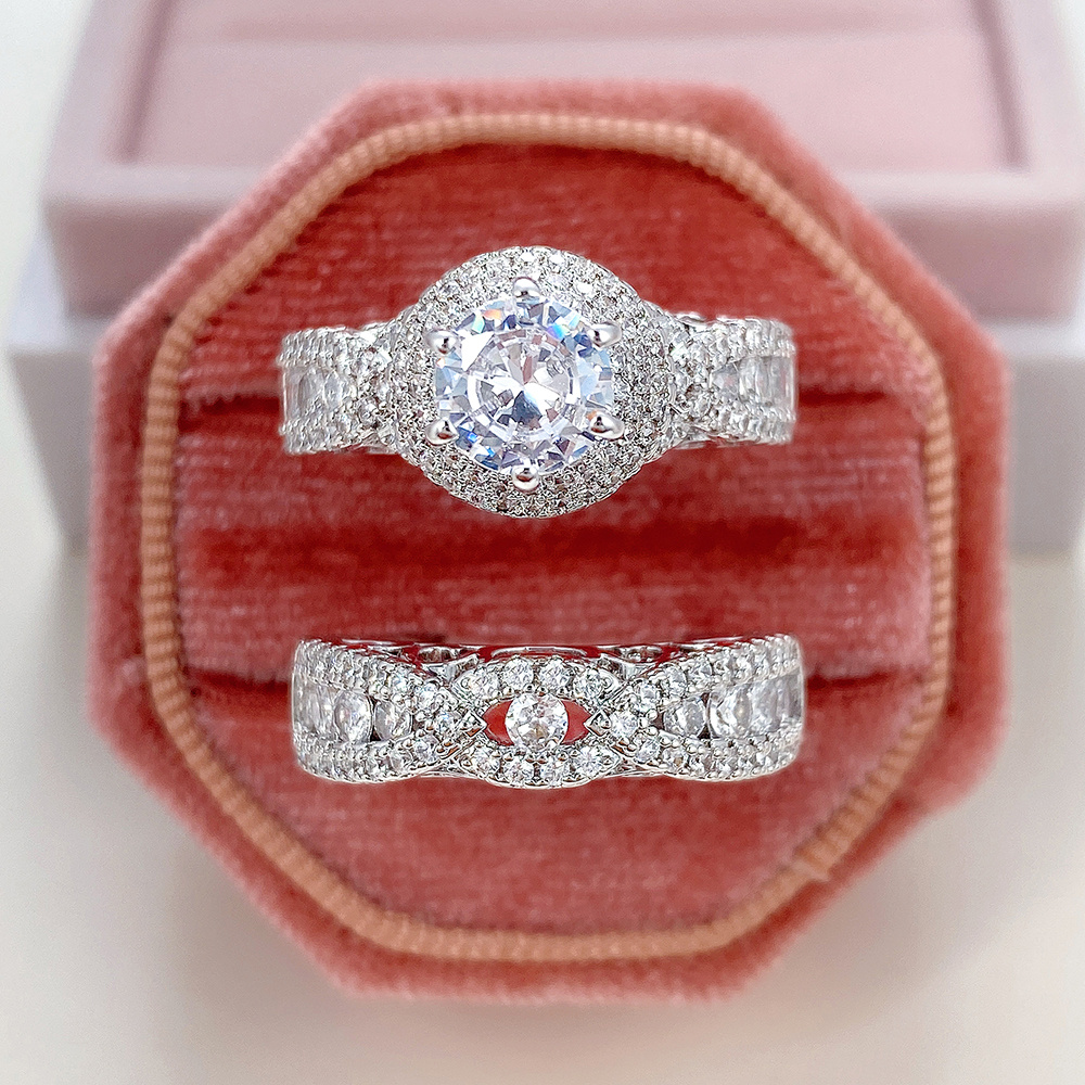 E-shop 2-teiliges Luxus-Elegantes Hochzeitsring-Set, Mikro-Pave-Synthetische Zirkonia (Kubisches Zirkon) Kupfer, für den April-Geburtsstein,