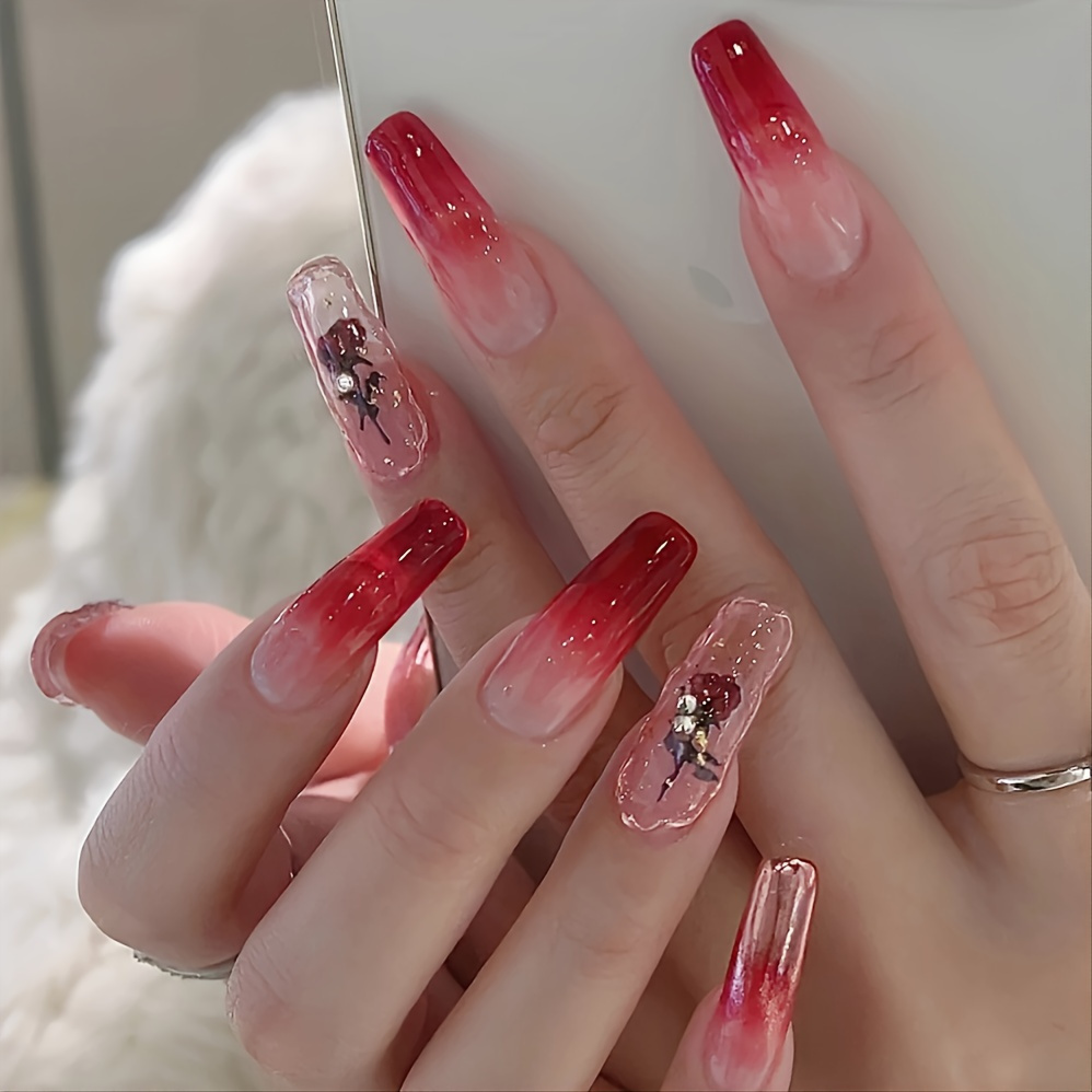 False Nails French Red Brown Long Coffin Glitter Blooming Gradient Press On  Nail