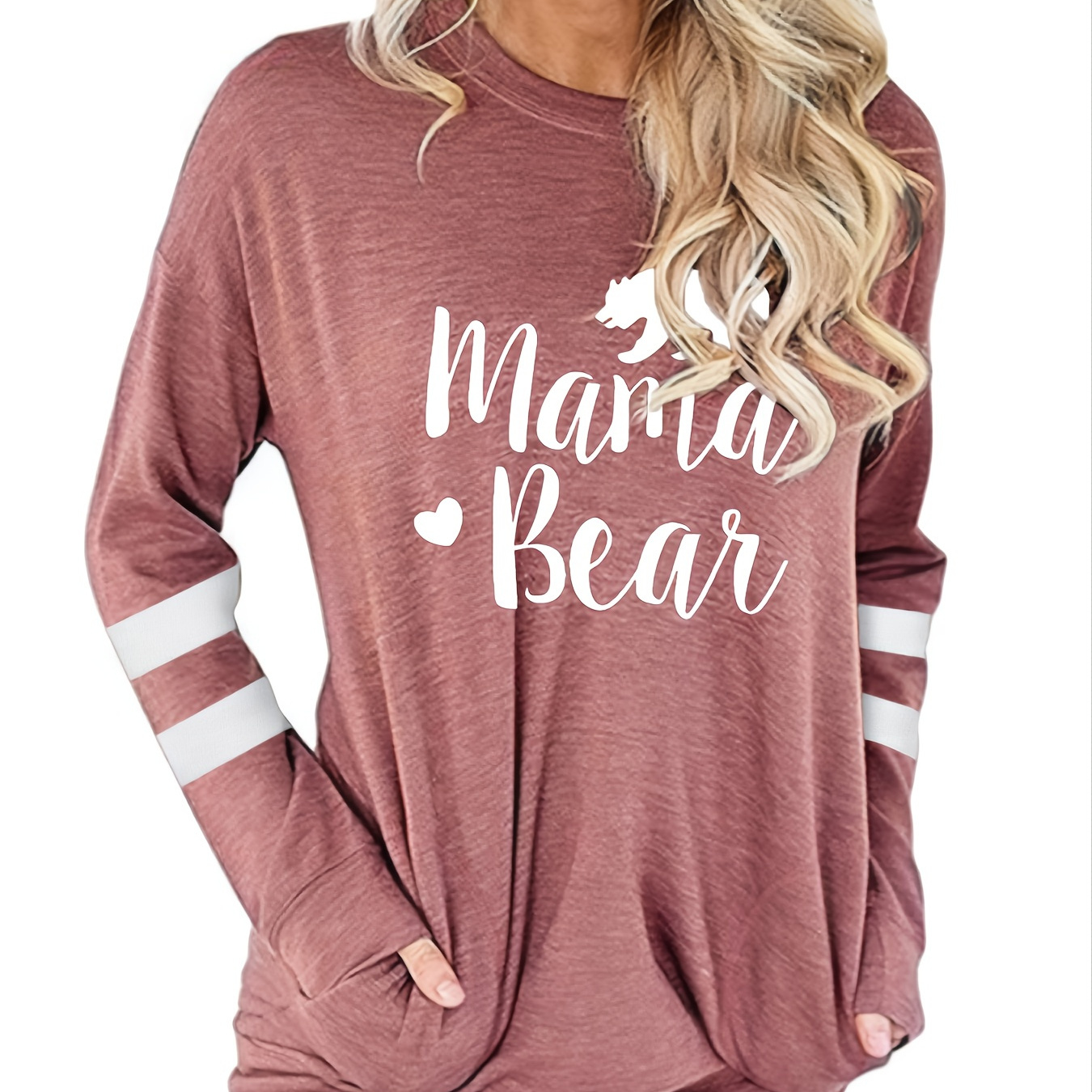 Women s T shirt Casual Crew Neck Bear Mama Print Long Sleeve Temu