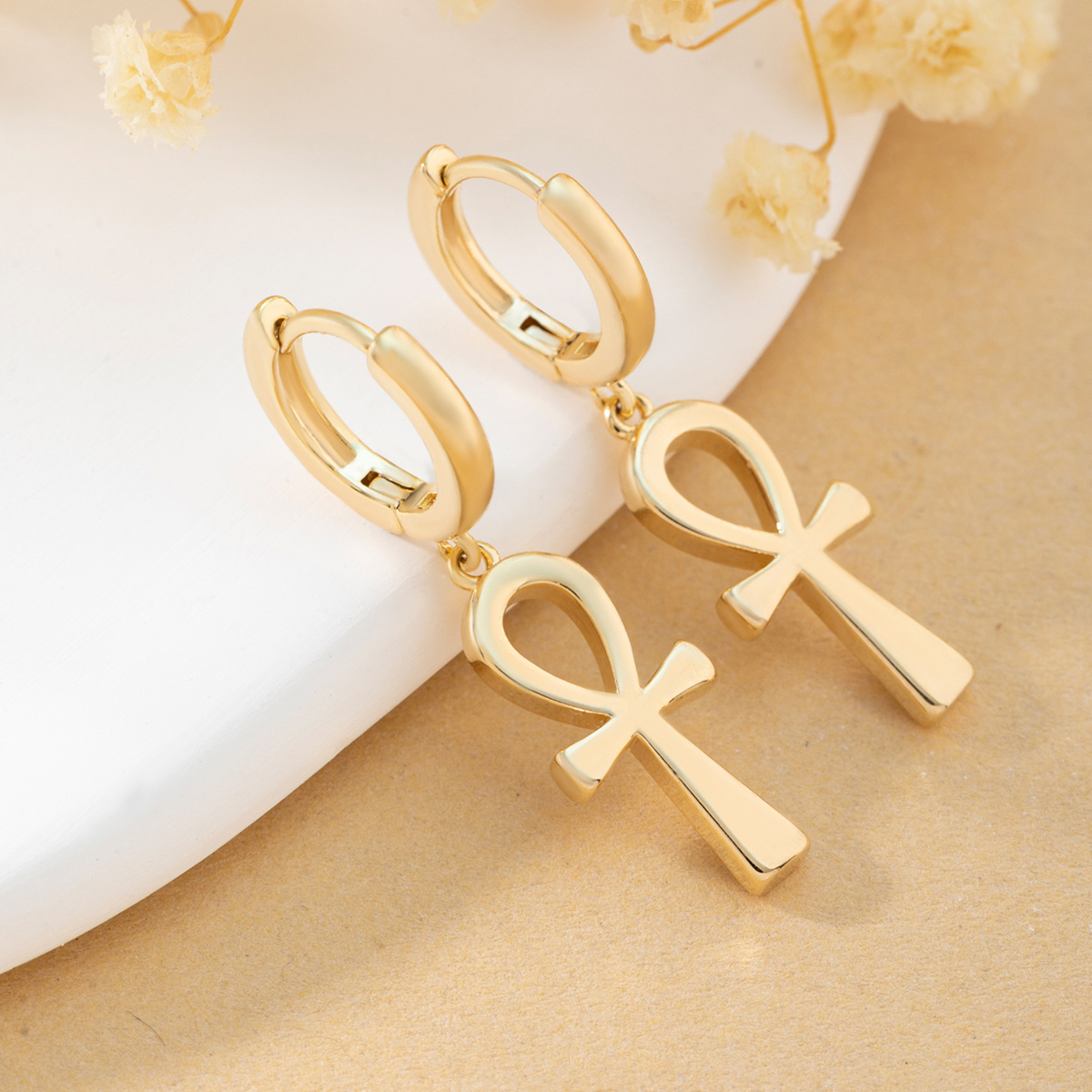 1 Pair Vintage 14k Golden Plated Copper Hollow Cross Earrings Pendant