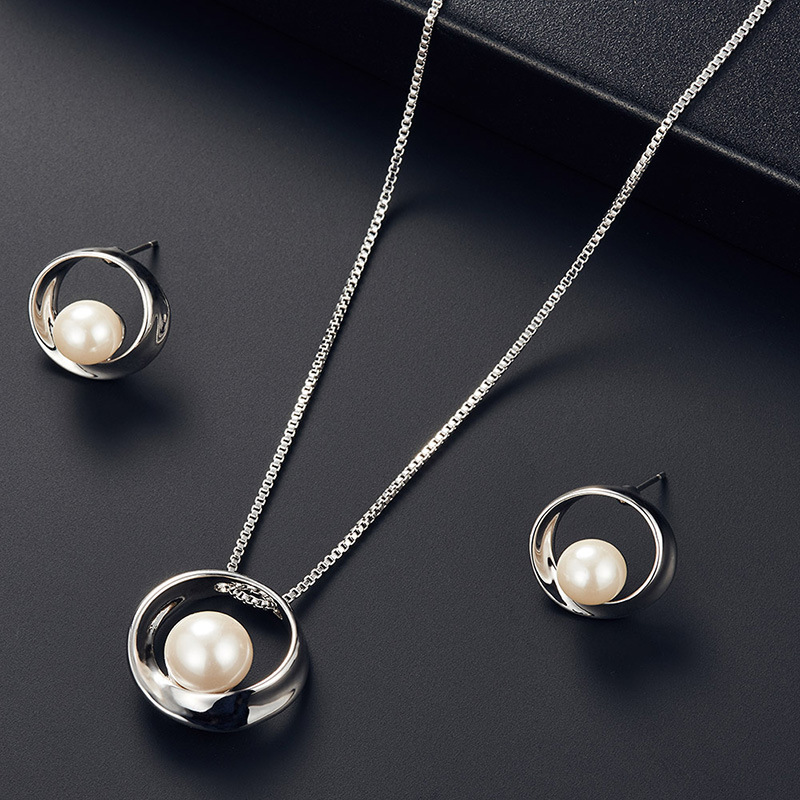 Image of Fashion Simple Pearl Necklace Pendant Round Earrings Jewelry Set Men Women Gifts