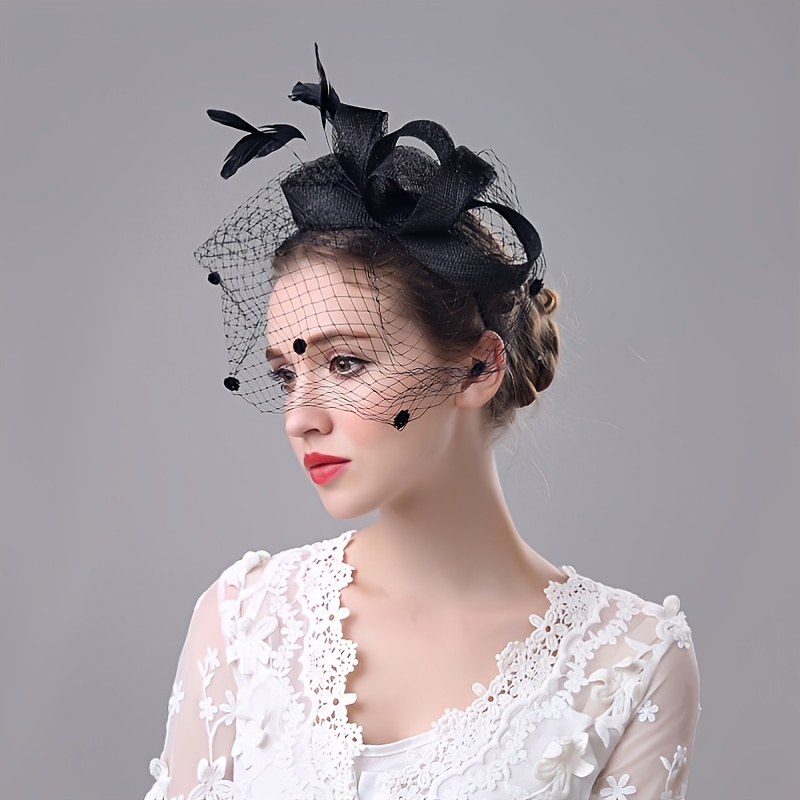 Women Vintage Hats 20s Fascinator Hat Feather Mesh Veil