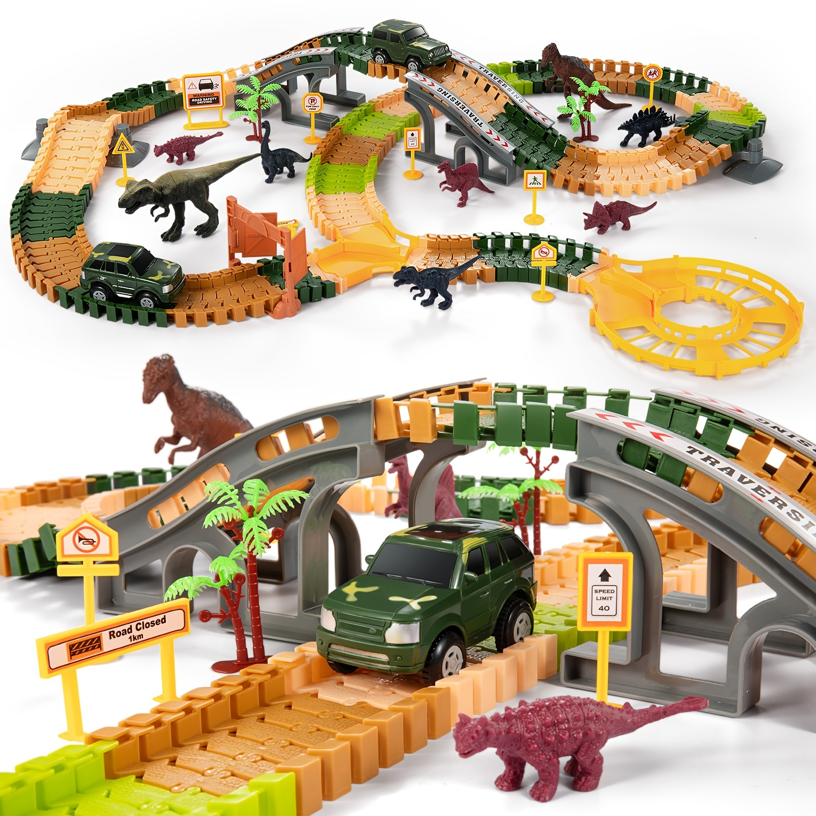  Dinosaur Toys,Create A Dinosaur World Road Race,Flexible Track  Playset and 2 pcs Cool Dinosaur car for 3 4 5 6 Year & Up Old boy Girls  Best Gift : Toys & Games