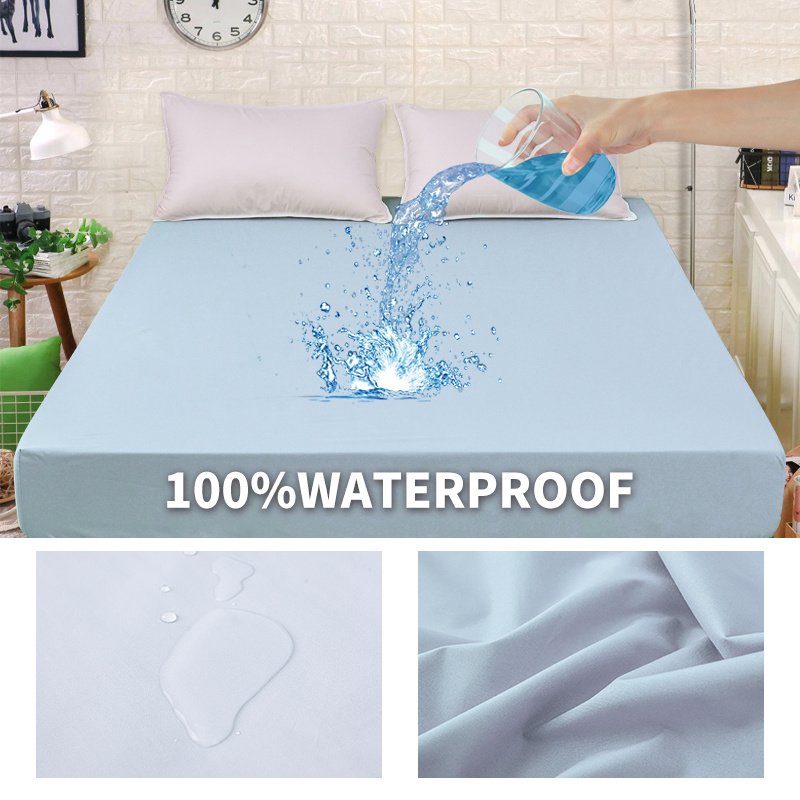 1pc blue waterproof fitted sheet solid color brushed fitted sheet soft bedding details 2