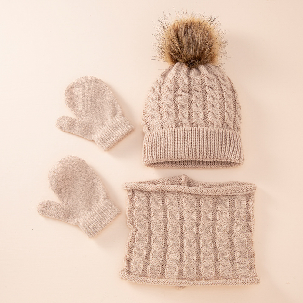 Beanie Pom Pom Hat, Khaki with Fur / Kid