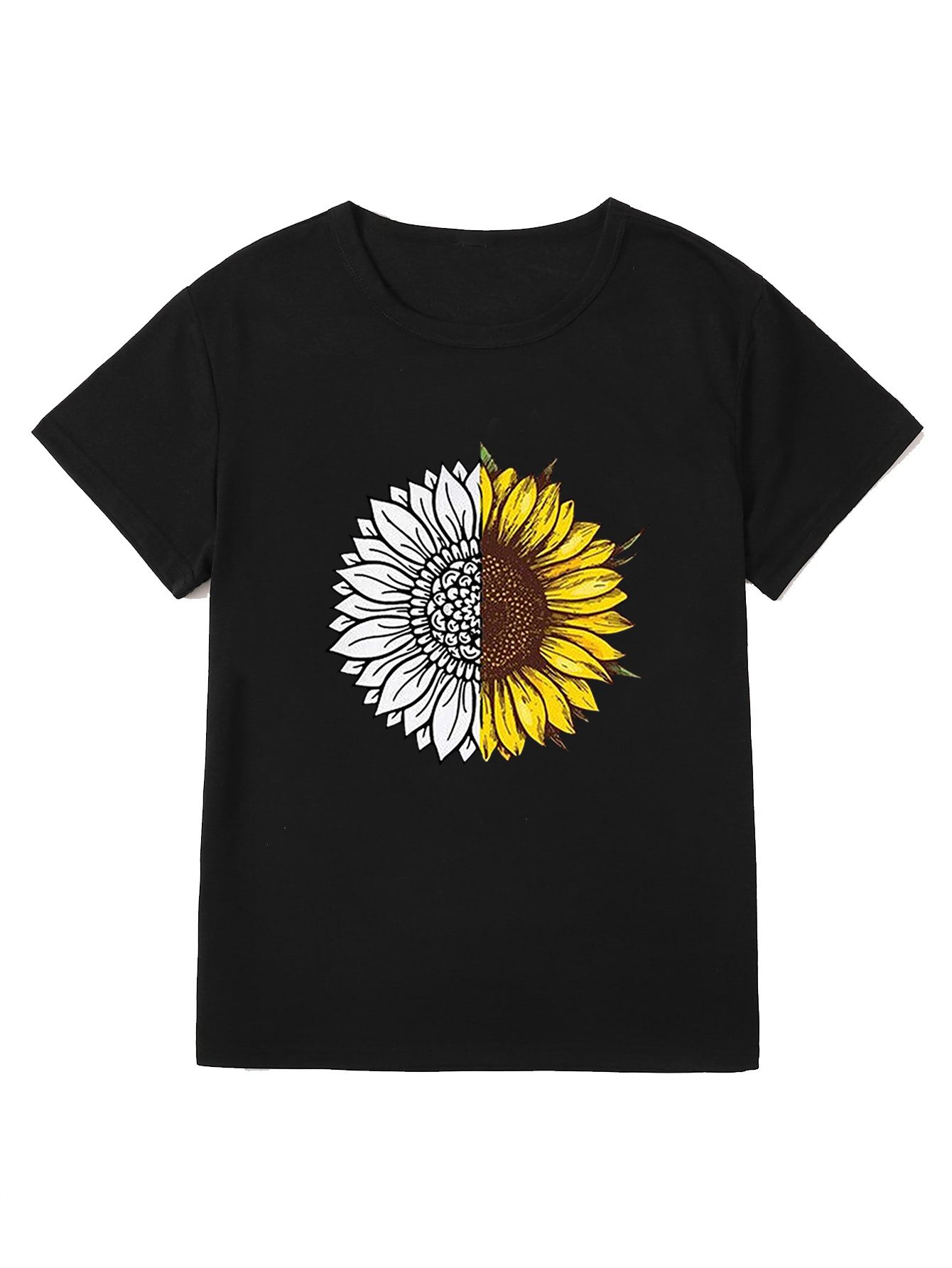 Cartoon flower print round collar T-shirt main image 0