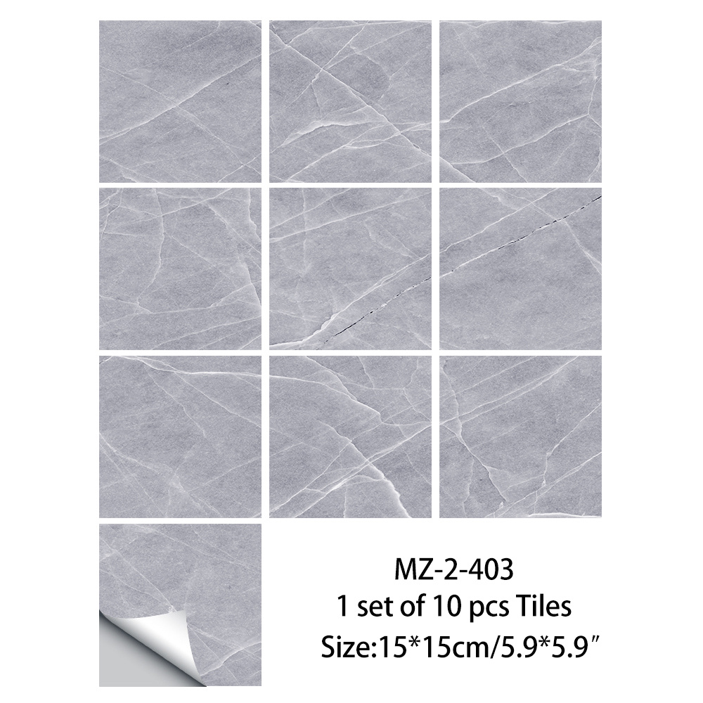 Image of 10pcs Pack Of Gray Marble Pattern Crystal Hard Tile Stickers For Home Renovation, Kitchen, Bathroom Decoration, Self-adhesive, Oil-proof Wall Stickers