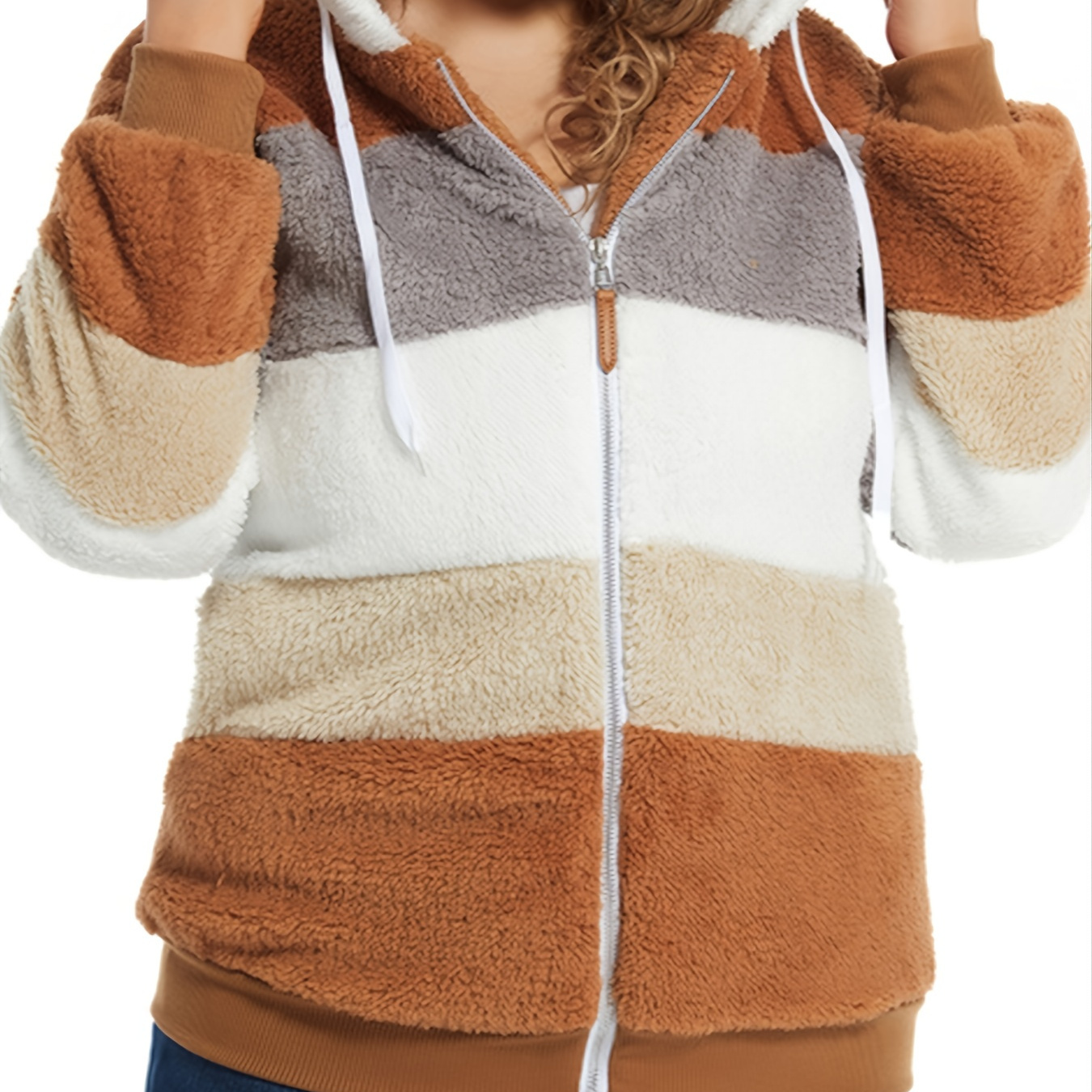 Plus Size Casual Coat, Women's Plus Colorblock Fleece Zip Up Long Sleeve Drawstring Hooded Sweatshirt Coat