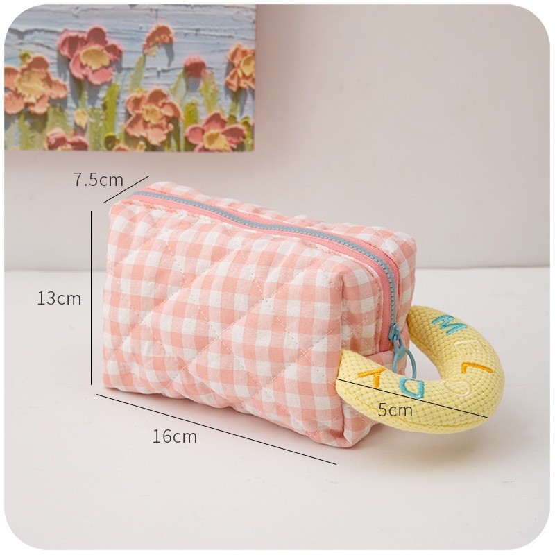Pink Checkered Box Pouch Large Capacity Makeup Bag Toiletry 