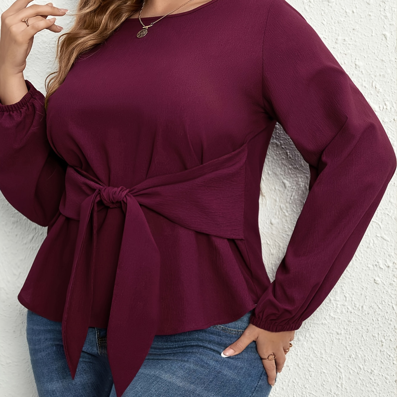 Plus Size Round Neck Tie Front Blouse, Women's Plus Solid Elegant Long Sleeve Blouse - Clothing 