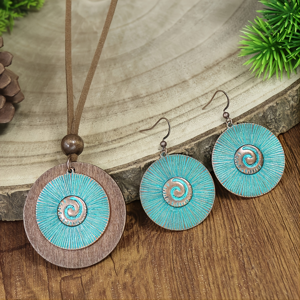 

3 Pieces Vintage Wood Round Bronze Alloy Double Layer Pendant Geometric Totem Leather Beaded Rope Chain Earrings Necklace Set