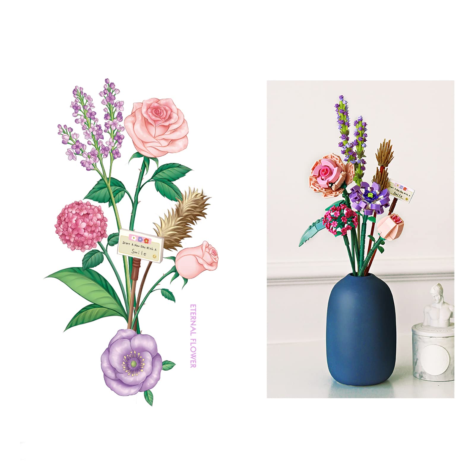 Mini set di costruzione bouquet di fiori di rosa, fiori artificiali,  decorazione unica fai da te casa, collezione botanica 547 pezzi non  compatibili con Lego (lavanda