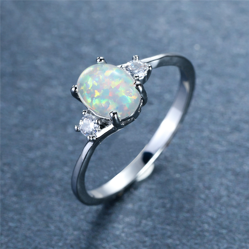 Women's Opal Stone Engagement Ring, Classic Silvery Tone Engagement Band, Oval, Women's Wedding Rings