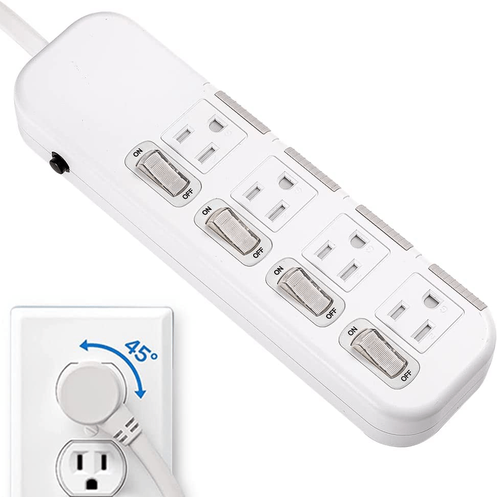 Flat Plug Power Strip Individual Switches, Extension Cord 6 feet, 3  Outlets, Surge Protector 300J, White, Baby Proof Outlet Cover