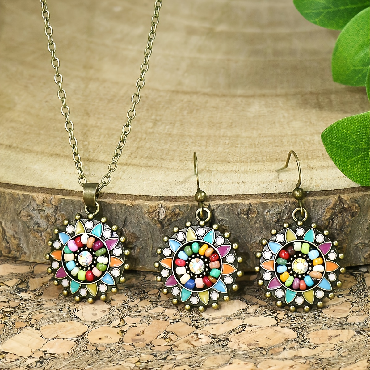 

3pcs Vintage Round Antique Bronze Distressed Multicolor Floral Rice Beads Beaded And Zicron Embellished Earrings Necklace Set