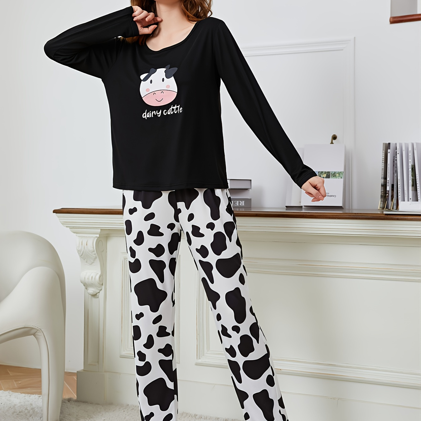 Cow Pattern Soft Pajama Set Long Sleeve Tops Pants Womens Sleepwear 