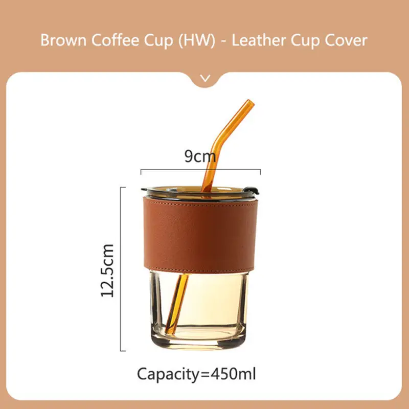 450ml Lead Free Glass Mug with Cup Sleeve and Lid Straw Coffee Cup Juice  Glass Cute