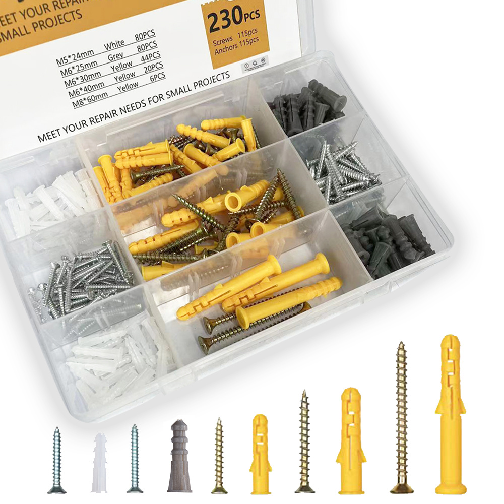 230 Pcs Wall Anchors and Screws for Drywall, 5 Sizes Drywall