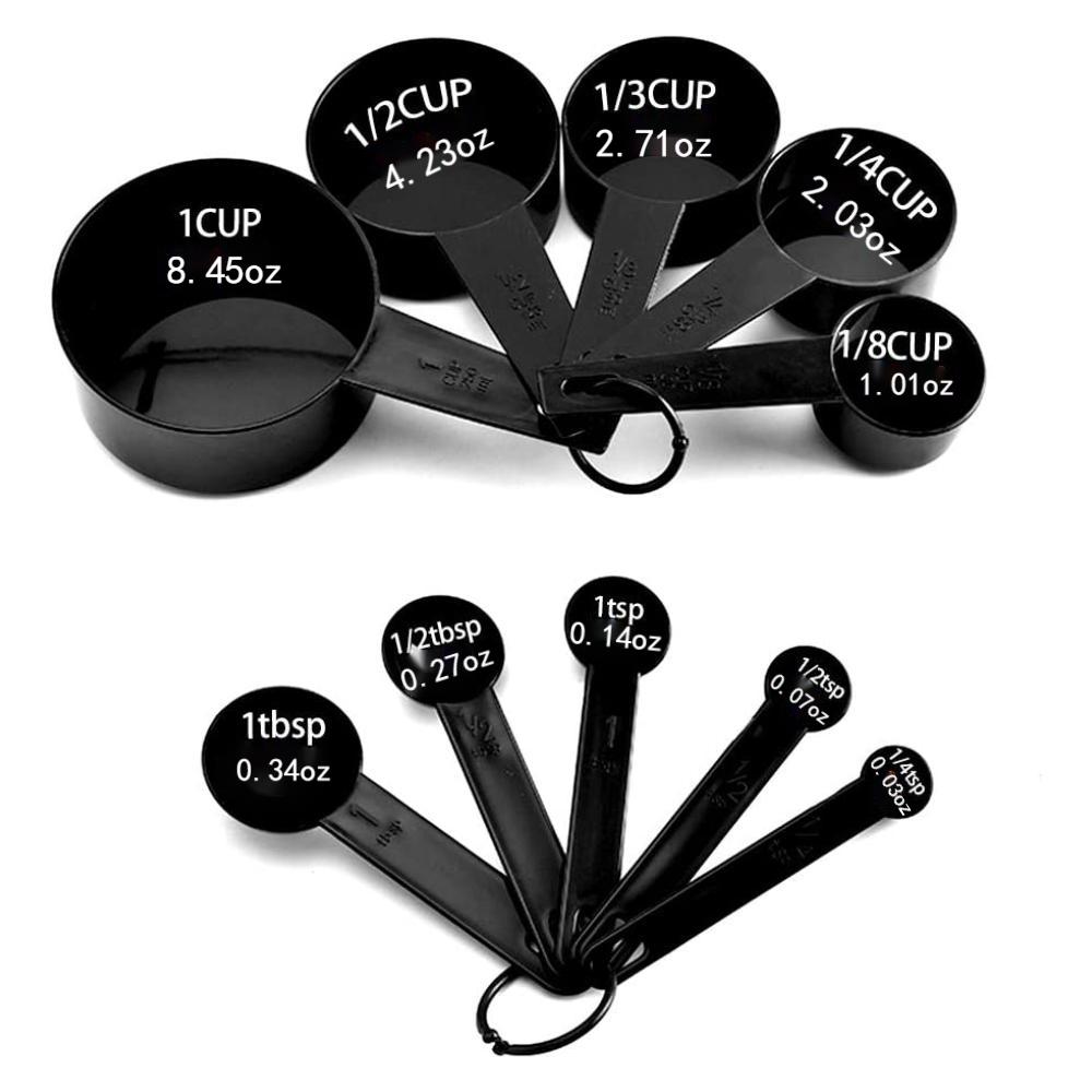 New Arrival 10pcs Black Plastic Measuring Spoons Cups Measuring Set Tools  for Baking Coffee